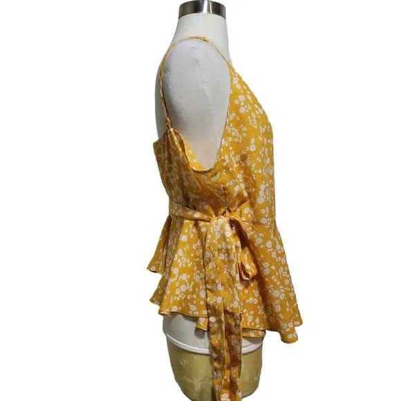 SHEIN Women's Yellow Ditsy Floral Spaghetti Strap Cami Peplum Wrap Top Size 16 - Picture 3 of 6